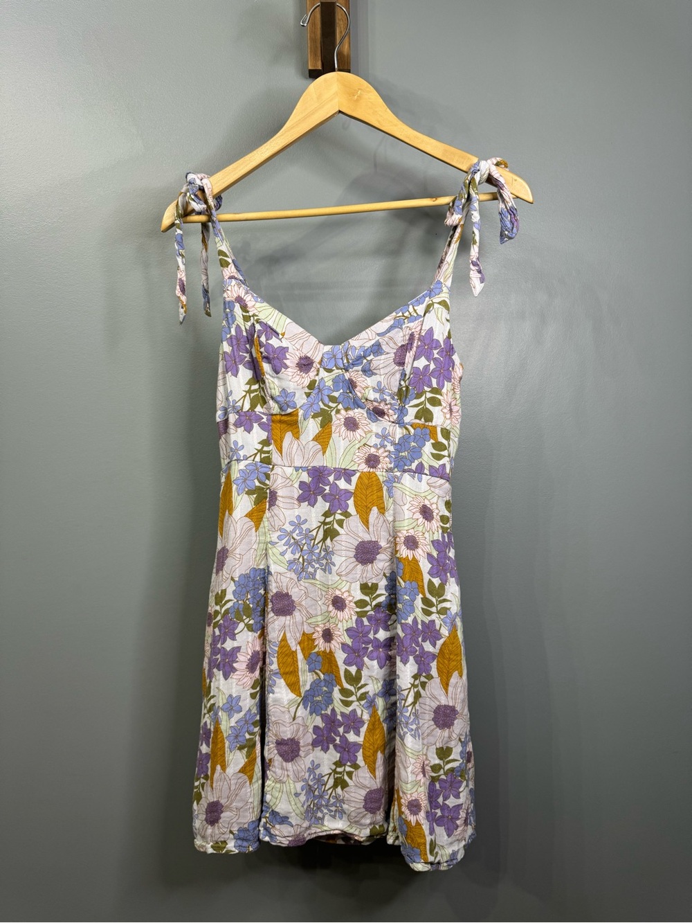 American Eagle Outfitters Lavender and Mustard Floral Tie-Shoulder Mini Dress